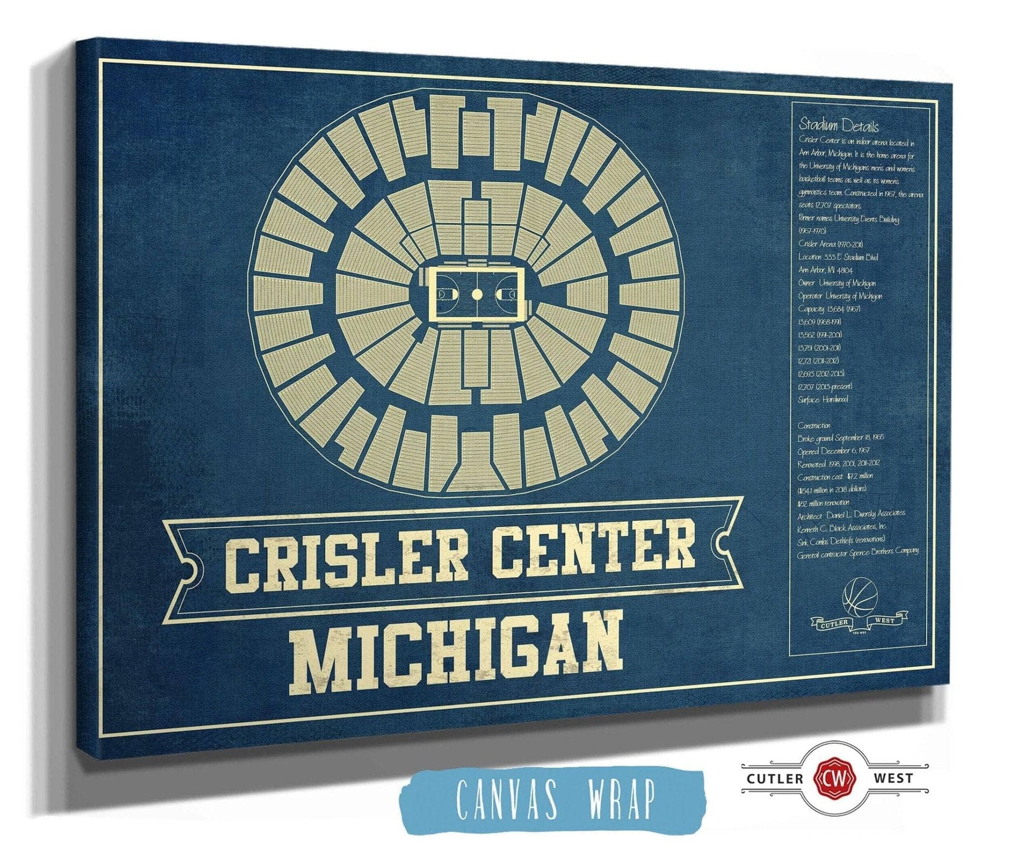 Cutler West Basketball Collection 14" x 11" / Stretched Canvas Wrap Michigan Men's Women's Basketball - Crisler Center NCAA Vintage Print 93335023684091