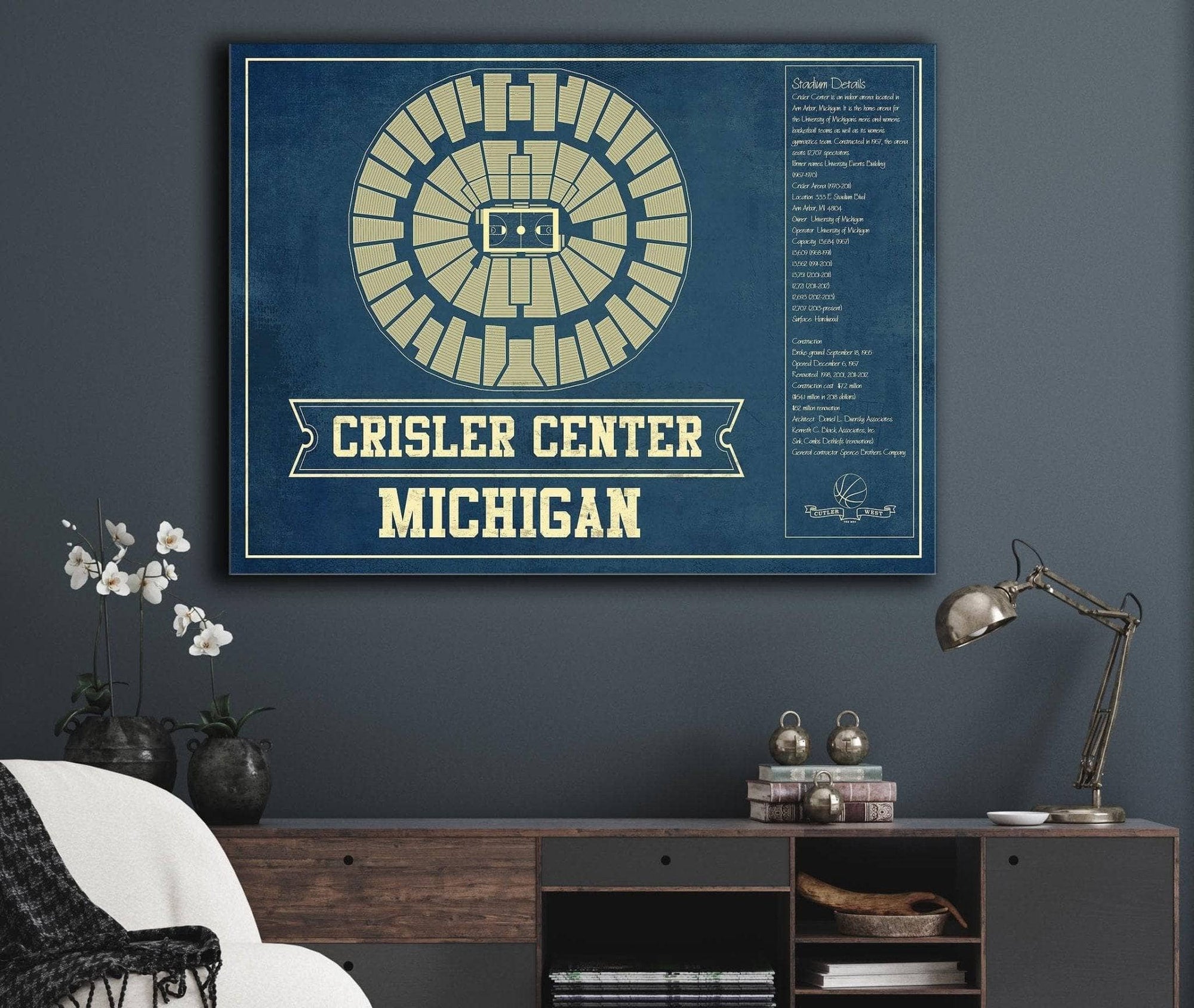 Cutler West Basketball Collection Michigan Men's Women's Basketball - Crisler Center NCAA Vintage Print