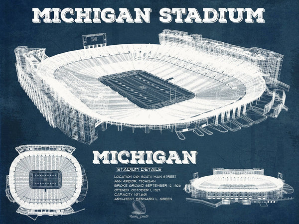 14" x 11" / Unframed Cutler West Michigan Wolverines Art - Michigan Stadium Vintage Stadium Blueprint Art Print