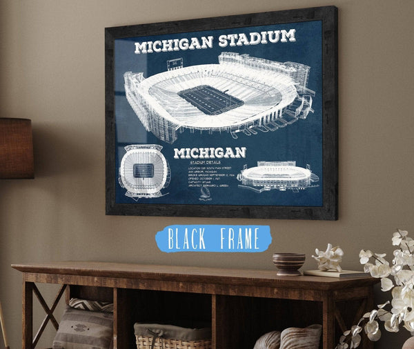 20" x 16" / Black Frame Cutler West Michigan Wolverines Art - Michigan Stadium Vintage Stadium Blueprint Art Print