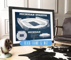 20" x 16" / Black Frame & Mat Cutler West Michigan Wolverines Art - Michigan Stadium Vintage Stadium Blueprint Art Print