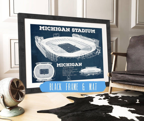20" x 16" / Black Frame & Mat Cutler West Michigan Wolverines Art - Michigan Stadium Vintage Stadium Blueprint Art Print