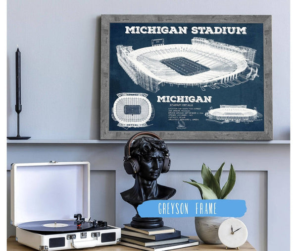 20" x 16" / Greyson Frame Cutler West Michigan Wolverines Art - Michigan Stadium Vintage Stadium Blueprint Art Print