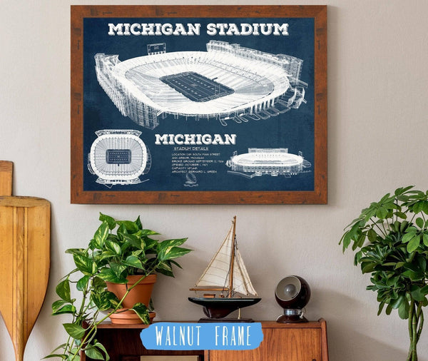 20" x 16" / Walnut Frame Cutler West Michigan Wolverines Art - Michigan Stadium Vintage Stadium Blueprint Art Print