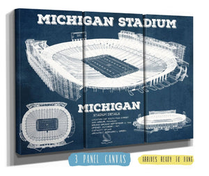 36" x 24" / 3 Panel Canvas Wrap Cutler West Michigan Wolverines Art - Michigan Stadium Vintage Stadium Blueprint Art Print