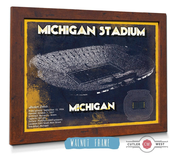 Cutler West Michigan Wolverines Team Art - Michigan Stadium Vintage Stadium Blueprint Art Print
