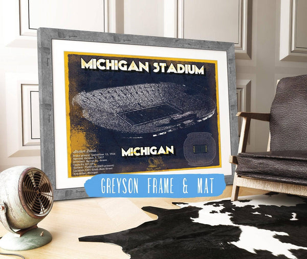 14" x 11" / Greyson Frame & Mat Cutler West Michigan Wolverines Team Art - Michigan Stadium Vintage Stadium Blueprint Art Print