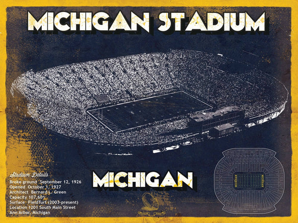 14" x 11" / Unframed Cutler West Michigan Wolverines Team Art - Michigan Stadium Vintage Stadium Blueprint Art Print