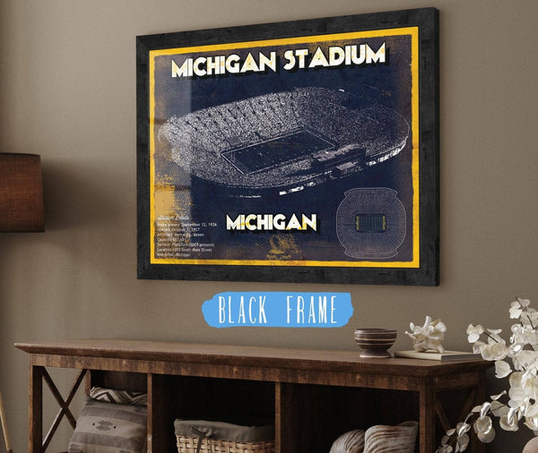 20" x 16" / Black Frame Cutler West Michigan Wolverines Team Art - Michigan Stadium Vintage Stadium Blueprint Art Print