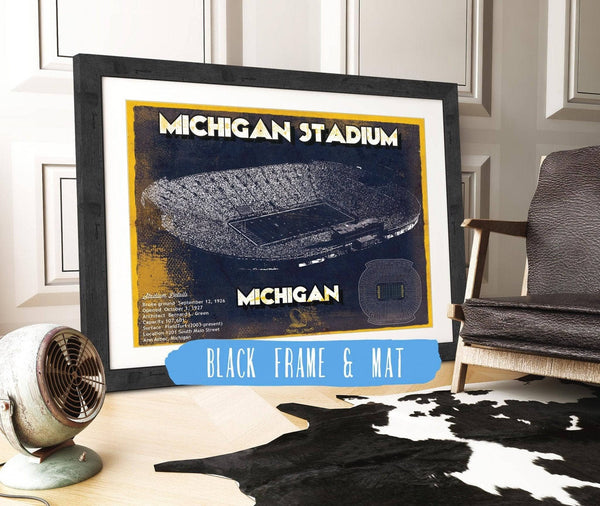 20" x 16" / Black Frame & Mat Cutler West Michigan Wolverines Team Art - Michigan Stadium Vintage Stadium Blueprint Art Print
