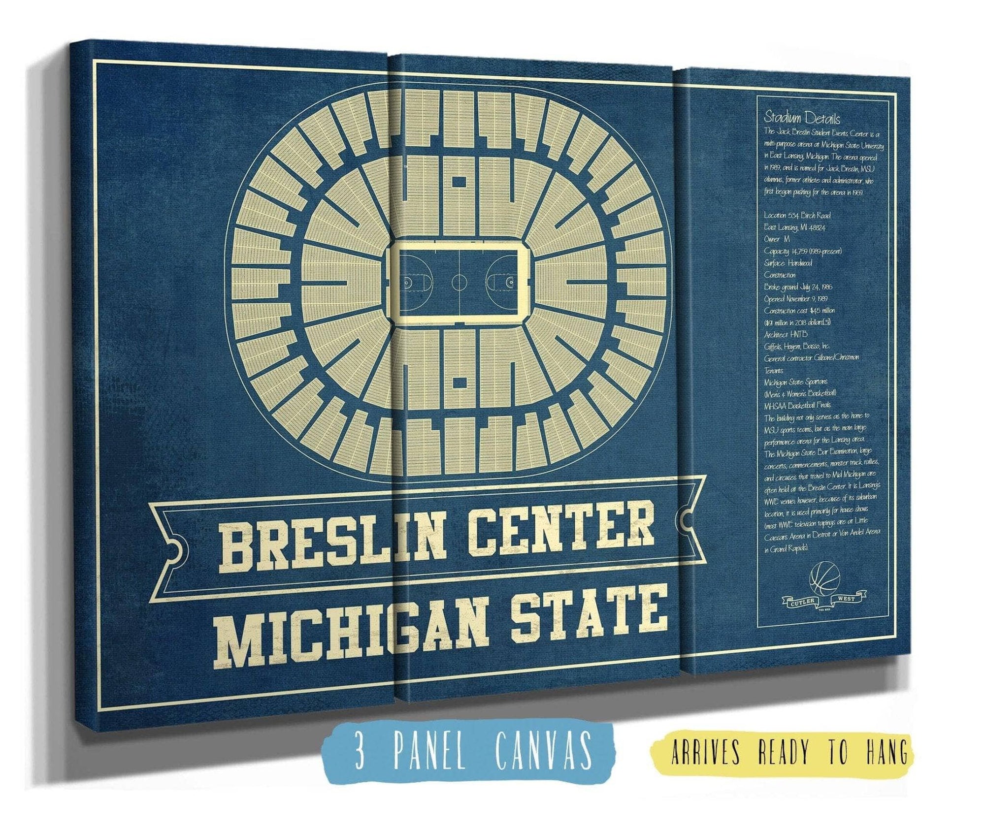 Cutler West Basketball Collection 48" x 32" / 3 Panel Canvas Wrap Breslin Student Events Center - Michigan State Spartans NCAA College Basketball Blueprint Art 93335024084202