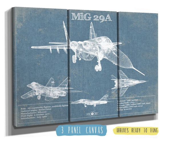 36" x 24" / 3 Panel Canvas Wrap Cutler West MiG 29A Patent Blueprint Original Design Russian Jet Wall Art