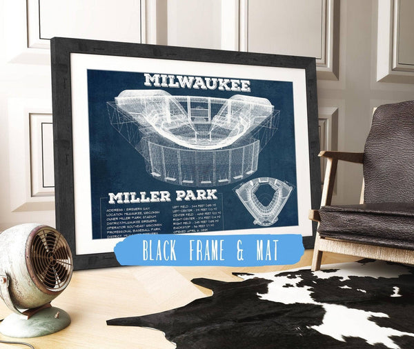 20" x 16" / Black Frame & Mat Cutler West Milwaukee Brewers Miller Park Seating Chart - Vintage Baseball Fan Print