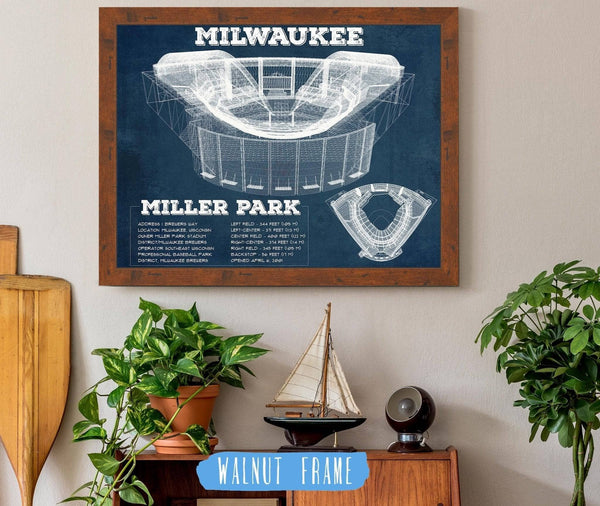 20" x 16" / Walnut Frame Cutler West Milwaukee Brewers Miller Park Seating Chart - Vintage Baseball Fan Print