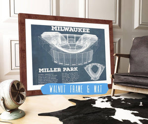 20" x 16" / Walnut Frame & Mat Cutler West Milwaukee Brewers Miller Park Seating Chart - Vintage Baseball Fan Print