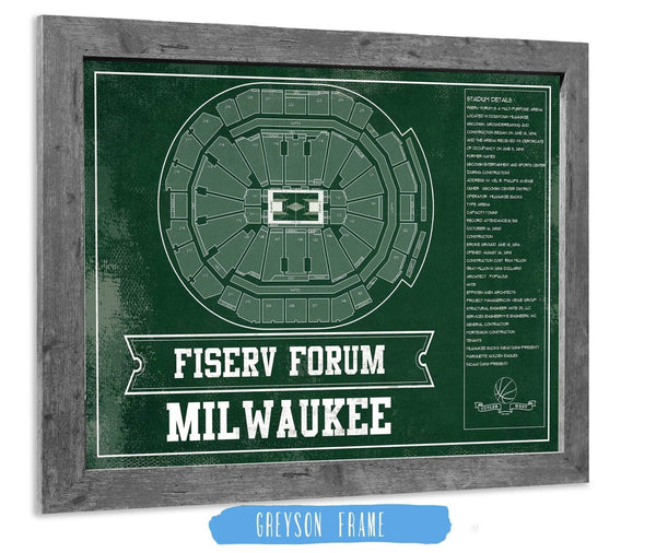 14" x 11" / Greyson Frame Cutler West Milwaukee Bucks Fiserv Forum Vintage Basketball Blueprint NBA Print