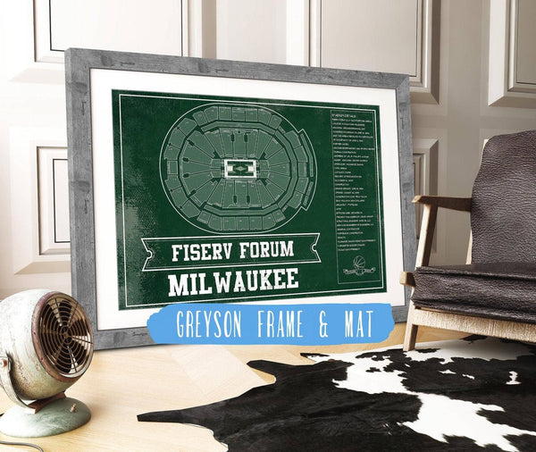 14" x 11" / Greyson Frame Mat Cutler West Milwaukee Bucks Fiserv Forum Vintage Basketball Blueprint NBA Print