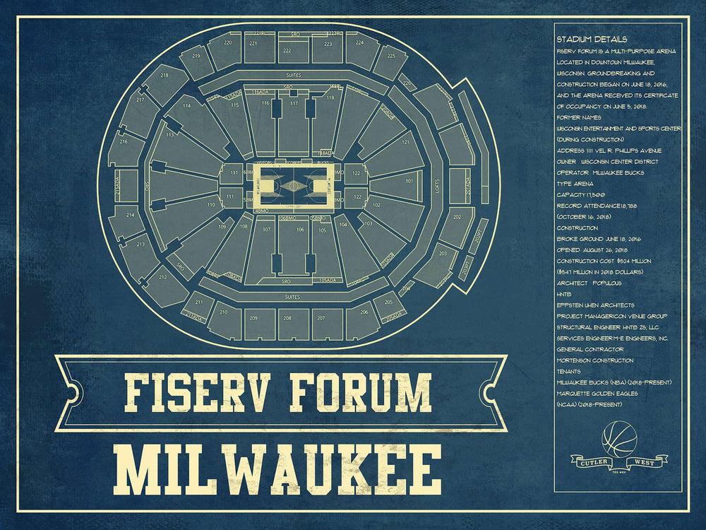 14" x 11" / Stretched Canvas Wrap Cutler West Milwaukee Bucks - Fiserv Forum Vintage Basketball Blueprint NBA Print