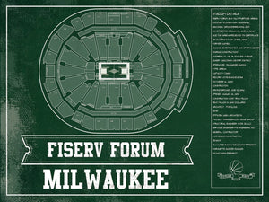 14" x 11" / Unframed Cutler West Milwaukee Bucks Fiserv Forum Vintage Basketball Blueprint NBA Print