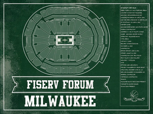 14" x 11" / Unframed Cutler West Milwaukee Bucks Fiserv Forum Vintage Basketball Blueprint NBA Print