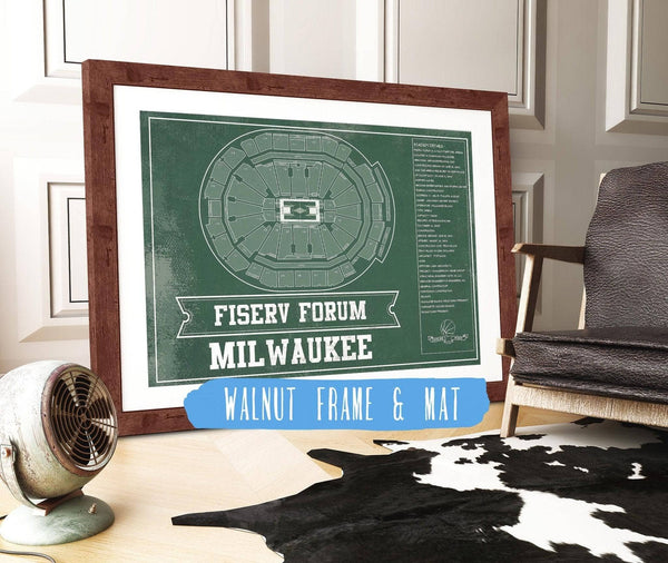 14" x 11" / Walnut Frame Mat Cutler West Milwaukee Bucks Fiserv Forum Vintage Basketball Blueprint NBA Print