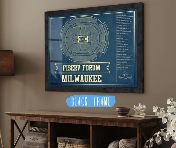20" x 16" / Black Frame Cutler West Milwaukee Bucks - Fiserv Forum Vintage Basketball Blueprint NBA Print