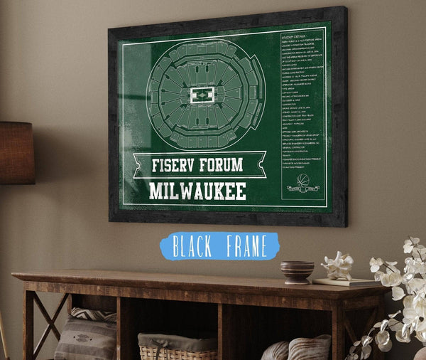20" x 16" / Black Frame Cutler West Milwaukee Bucks Fiserv Forum Vintage Basketball Blueprint NBA Print
