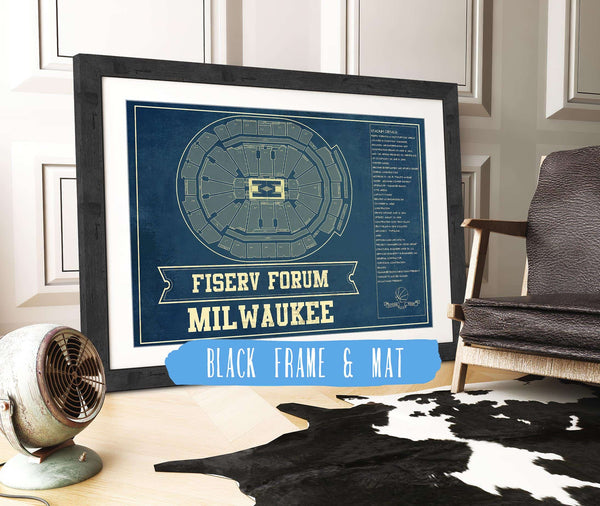 20" x 16" / Black Frame & Mat Cutler West Milwaukee Bucks - Fiserv Forum Vintage Basketball Blueprint NBA Print