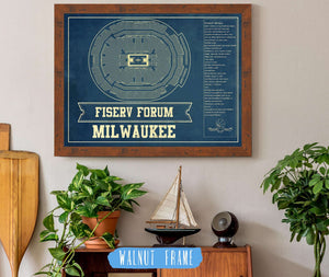 20" x 16" / Walnut Frame Cutler West Milwaukee Bucks - Fiserv Forum Vintage Basketball Blueprint NBA Print