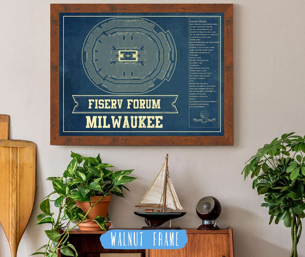 20" x 16" / Walnut Frame Cutler West Milwaukee Bucks - Fiserv Forum Vintage Basketball Blueprint NBA Print