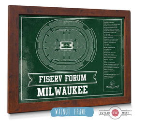 20" x 16" / Walnut Frame Cutler West Milwaukee Bucks Fiserv Forum Vintage Basketball Blueprint NBA Print