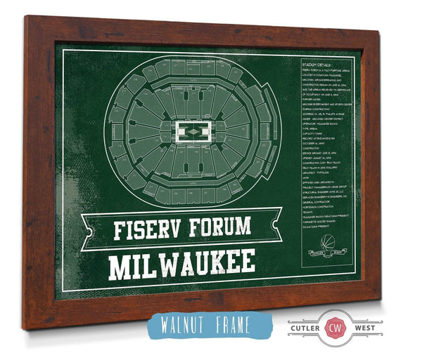 20" x 16" / Walnut Frame Cutler West Milwaukee Bucks Fiserv Forum Vintage Basketball Blueprint NBA Print