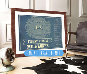 20" x 16" / Walnut Frame & Mat Cutler West Milwaukee Bucks - Fiserv Forum Vintage Basketball Blueprint NBA Print