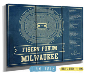 36" x 24" / 3 Panel Canvas Wrap Cutler West Milwaukee Bucks - Fiserv Forum Vintage Basketball Blueprint NBA Print