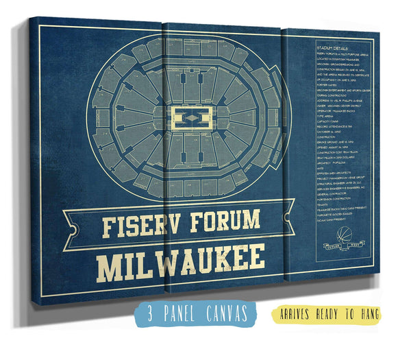 36" x 24" / 3 Panel Canvas Wrap Cutler West Milwaukee Bucks - Fiserv Forum Vintage Basketball Blueprint NBA Print