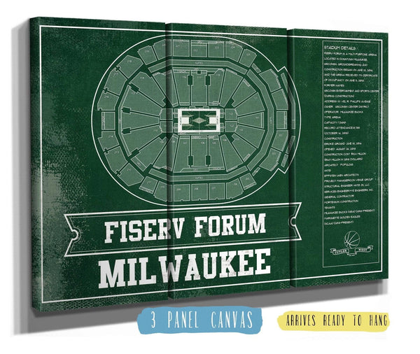 36" x 24" / 3 Panel Canvas Wrap Cutler West Milwaukee Bucks Fiserv Forum Vintage Basketball Blueprint NBA Print