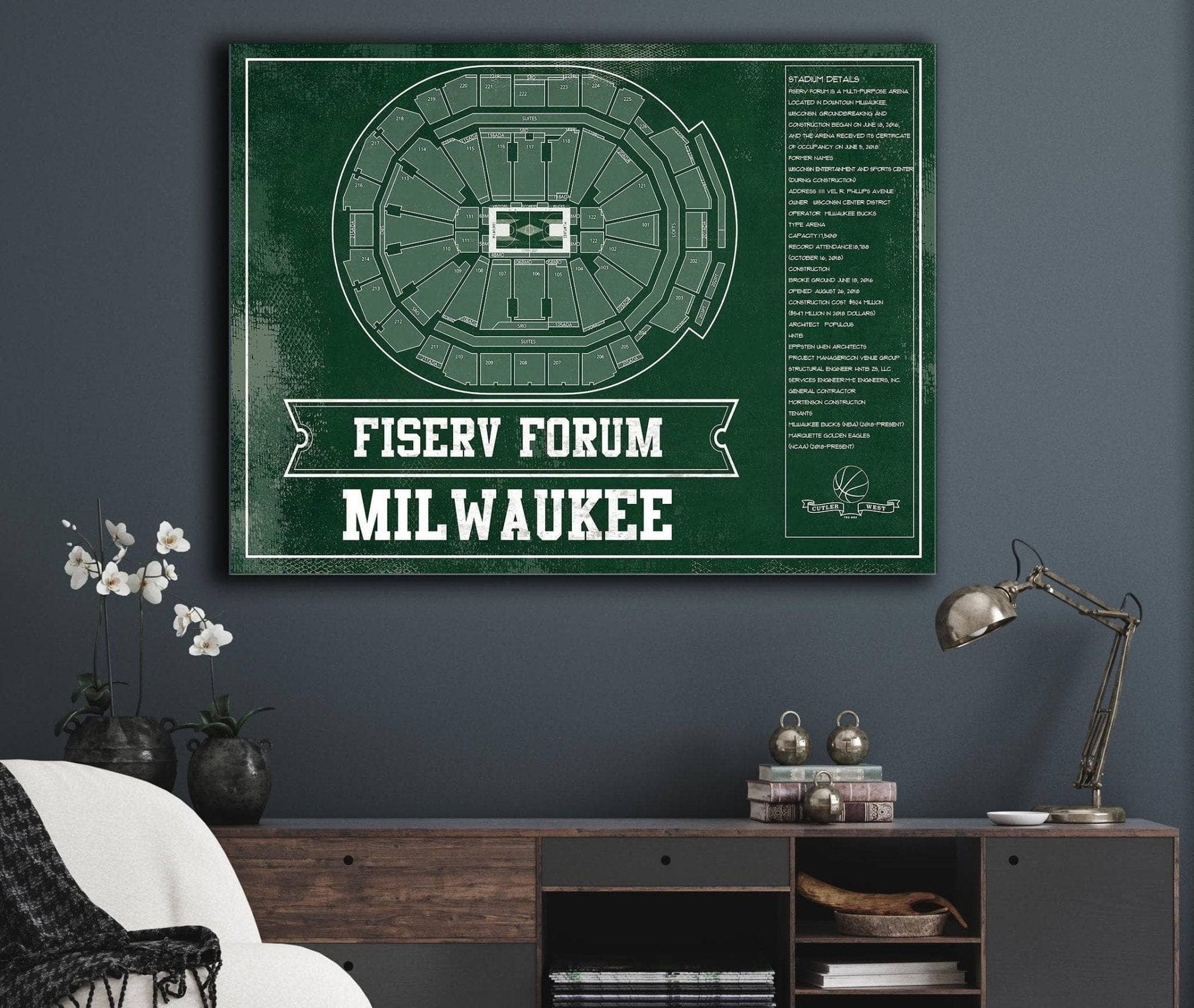 Cutler West Basketball Collection Milwaukee Bucks Fiserv Forum Vintage Basketball Blueprint NBA Print