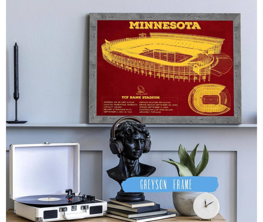 14" x 11" / Stretched Canvas Wrap Cutler West Minnesota Gophers - Vintage TCF Bank Stadium  Blueprint Art Print