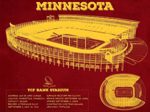 14" x 11" / Unframed Cutler West Minnesota Gophers - Vintage TCF Bank Stadium  Blueprint Art Print