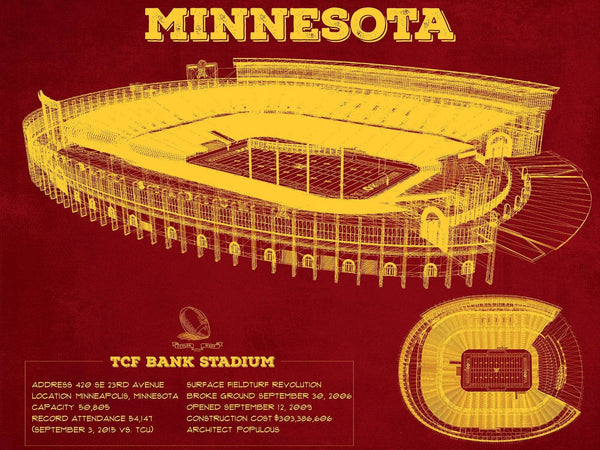 14" x 11" / Unframed Cutler West Minnesota Gophers - Vintage TCF Bank Stadium  Blueprint Art Print