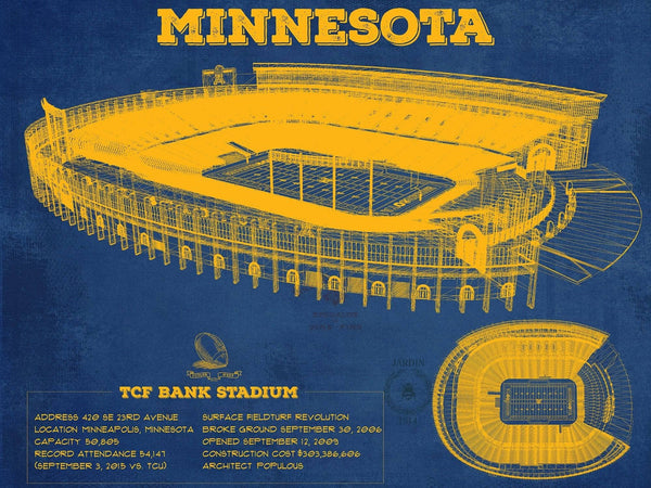 14" x 11" / Unframed Cutler West Minnesota Gophers Vintage TCF Bank Stadium Blueprint Art Print