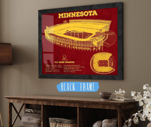 20" x 16" / Black Frame Cutler West Minnesota Gophers - Vintage TCF Bank Stadium  Blueprint Art Print