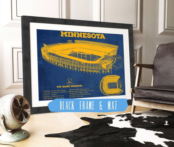 20" x 16" / Black Frame & Mat Cutler West Minnesota Gophers Vintage TCF Bank Stadium Blueprint Art Print