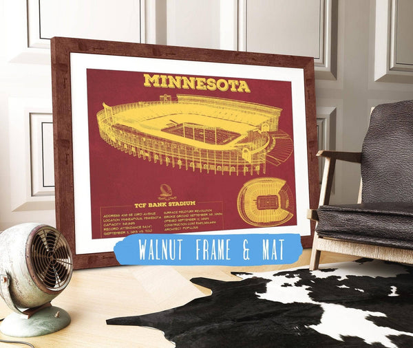 20" x 16" / Walnut Frame & Mat Cutler West Minnesota Gophers - Vintage TCF Bank Stadium  Blueprint Art Print