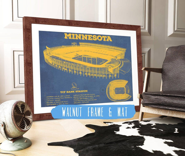 20" x 16" / Walnut Frame & Mat Cutler West Minnesota Gophers Vintage TCF Bank Stadium Blueprint Art Print