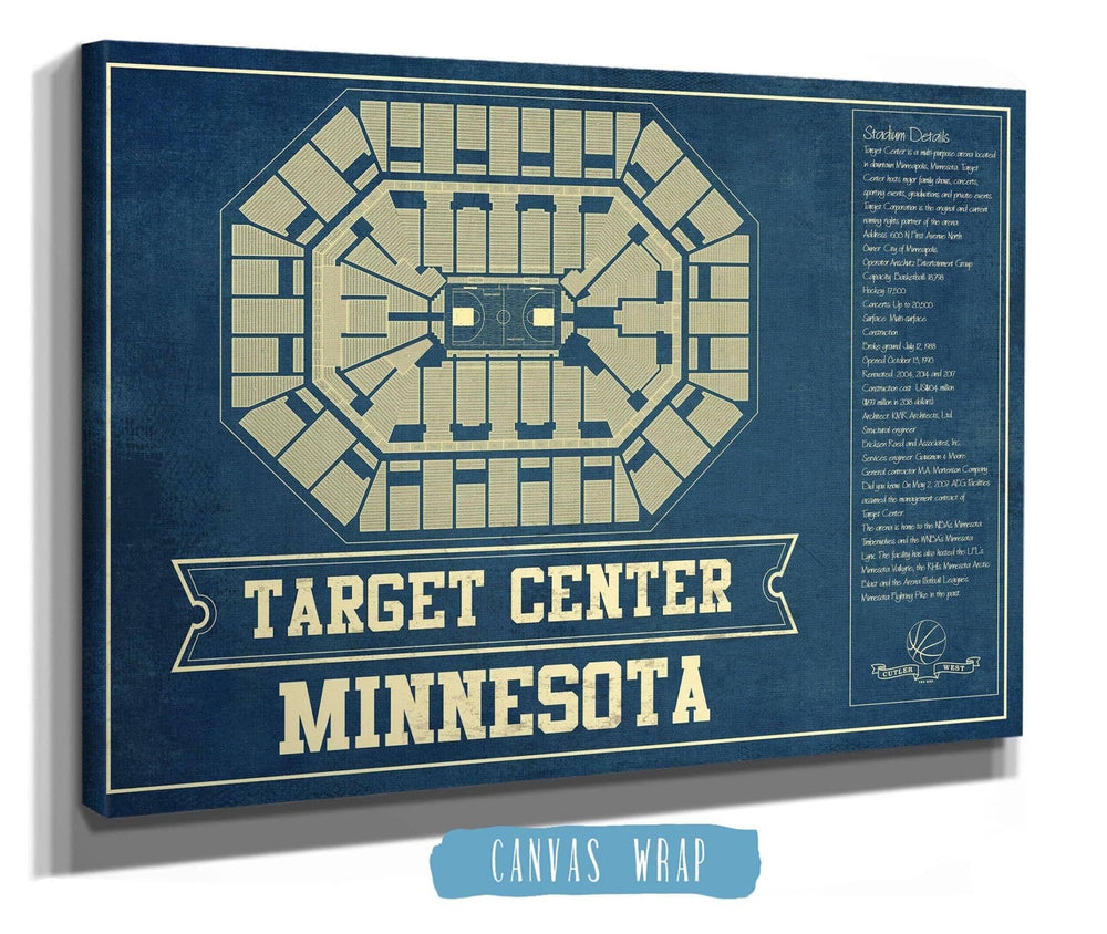 14" x 11" / Stretched Canvas Wrap Cutler West Minnesota Timberwolves Vintage Target Center Vintage Basketball Blueprint NBA Print