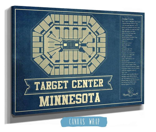 14" x 11" / Stretched Canvas Wrap Cutler West Minnesota Timberwolves Vintage Target Center Vintage Basketball Blueprint NBA Print