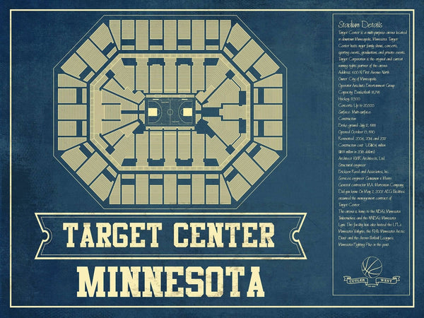 14" x 11" / Unframed Cutler West Minnesota Timberwolves Vintage Target Center Vintage Basketball Blueprint NBA Print