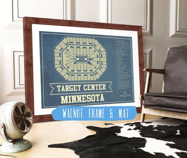 14" x 11" / Walnut Frame Mat Cutler West Minnesota Timberwolves Vintage Target Center Vintage Basketball Blueprint NBA Print