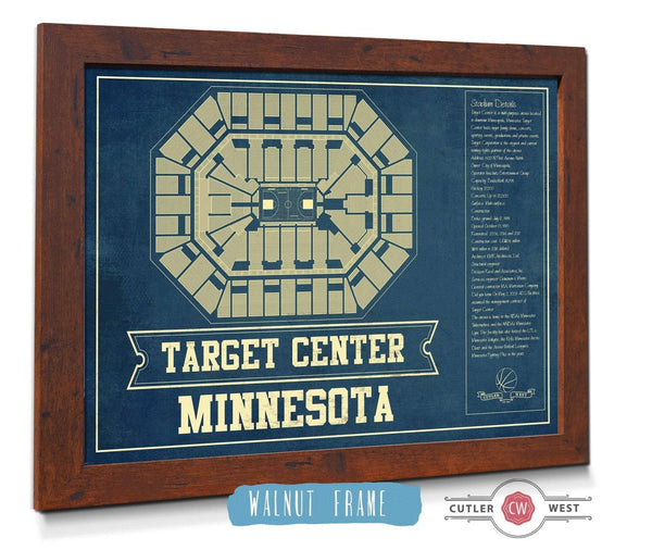 20" x 16" / Walnut Frame Cutler West Minnesota Timberwolves Vintage Target Center Vintage Basketball Blueprint NBA Print
